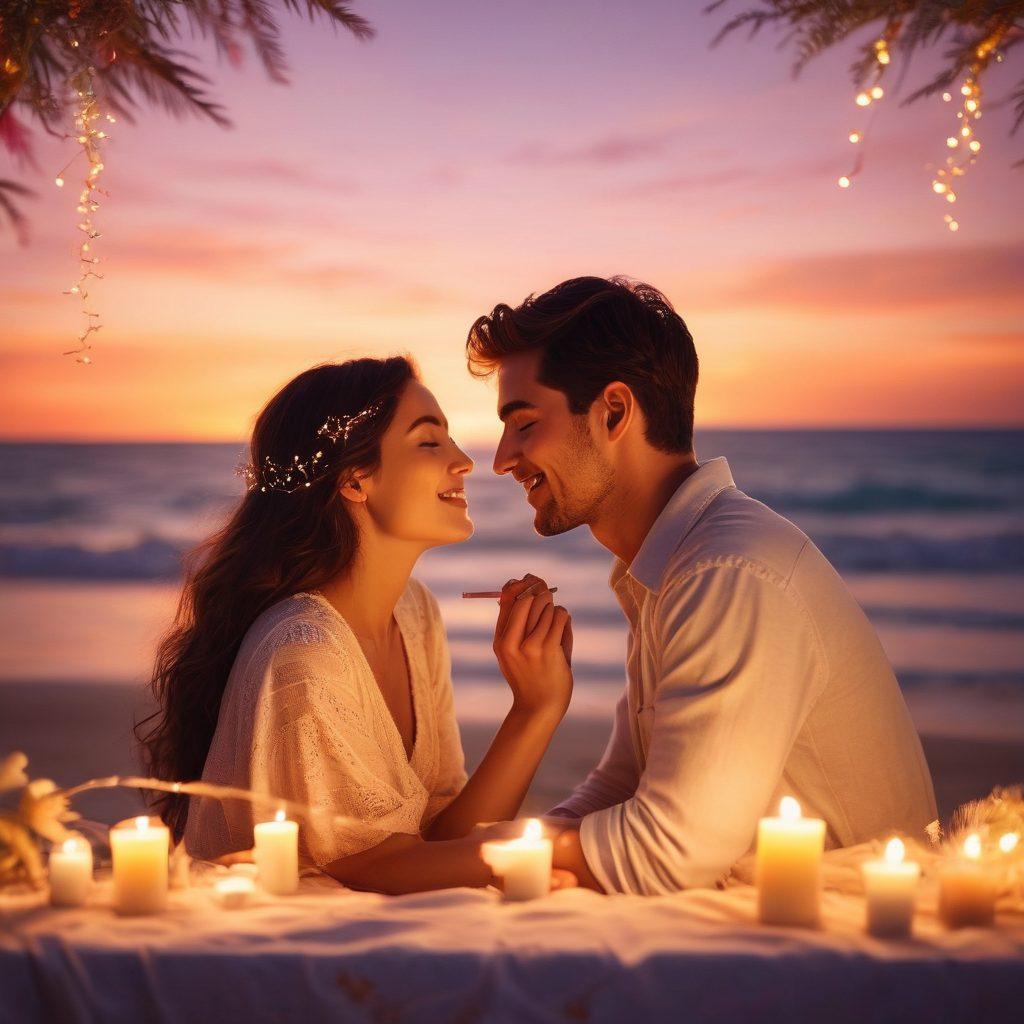 A beautifully arranged collage of various romantic video clips; featuring a couple sharing laughter under twinkling fairy lights, a sunset kiss on a beach, and a cozy candlelit dinner. Soft pastel colors should dominate the scene to evoke warmth and affection, with delicate heart motifs subtly integrated in the background. The overall look should feel dreamy and cinematic. super-realistic. vibrant colors. soft focus.