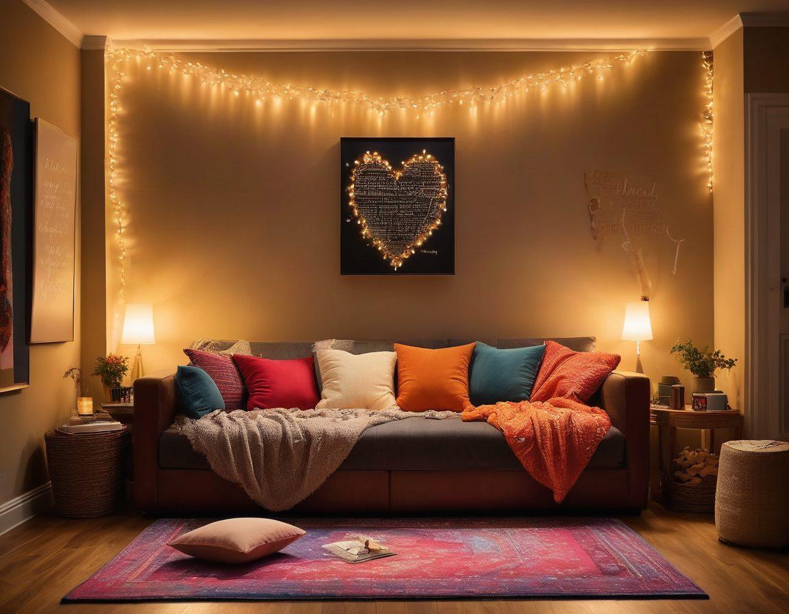 A cozy living room scene featuring a couple cuddled up on a plush sofa, surrounded by warm ambient lighting, watching romantic movies on a big screen. Include a bowl of popcorn and soft blankets to evoke a sense of comfort and intimacy. Add decorative elements like heart-shaped pillows and framed love quotes on the walls. Set the mood with glowing fairy lights and a casual rug. super-realistic. vibrant colors.