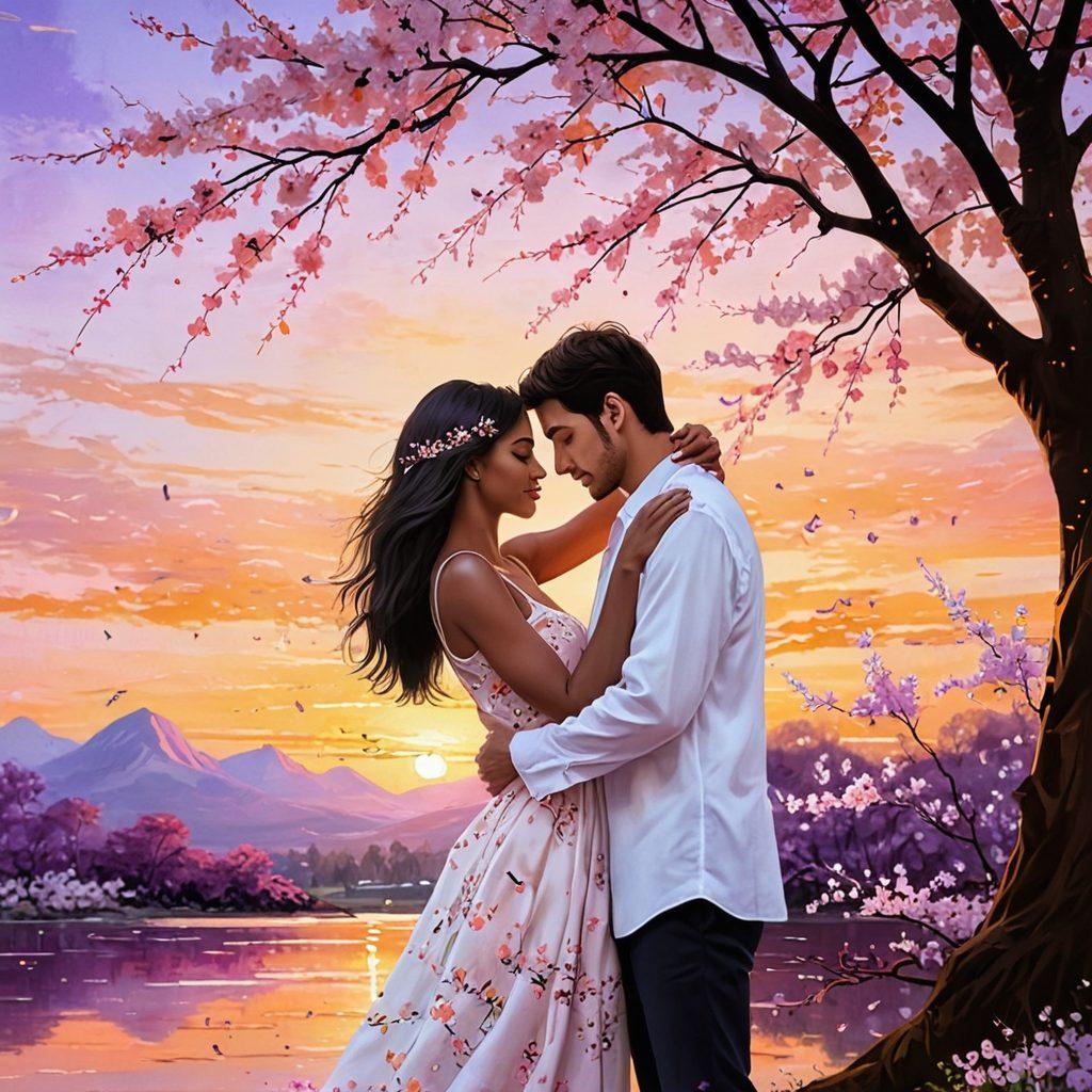 A dreamy sunset backdrop with a couple captured in a tender embrace, surrounded by beautiful cherry blossoms lightly falling around them. The scene should evoke feelings of passion and nostalgia, with soft warm colors blending in the sky. Include delicate heart-shaped motifs subtly woven into the background. painting. vibrant colors. romantic theme.